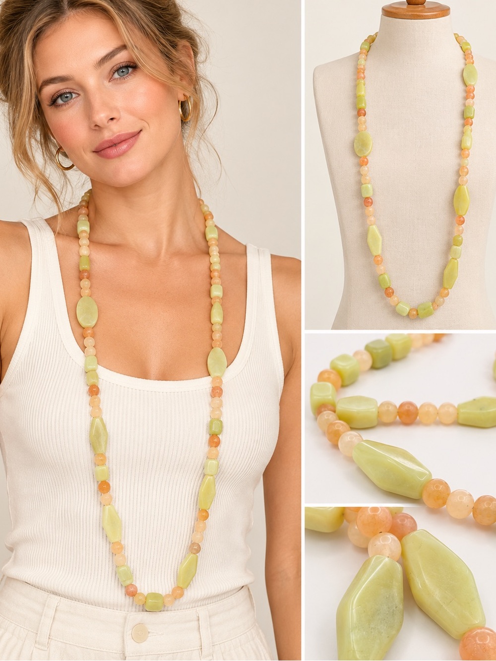 Jay King Long Lime Green & Peach Beaded Necklace